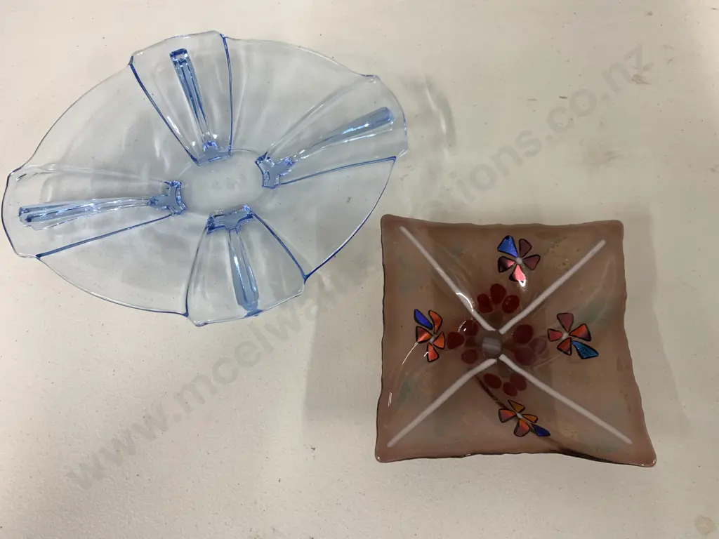 Glass Dishes x 2 Blue Oval & Pink Floral Square Image 1++