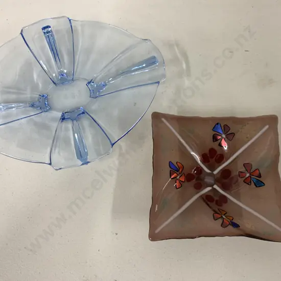 Glass Dishes x 2 Blue Oval & Pink Floral Square