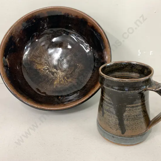 Pottery Glazed Round Brown Toned Bowl With Peter Stitchbury Pottery Handled Mug