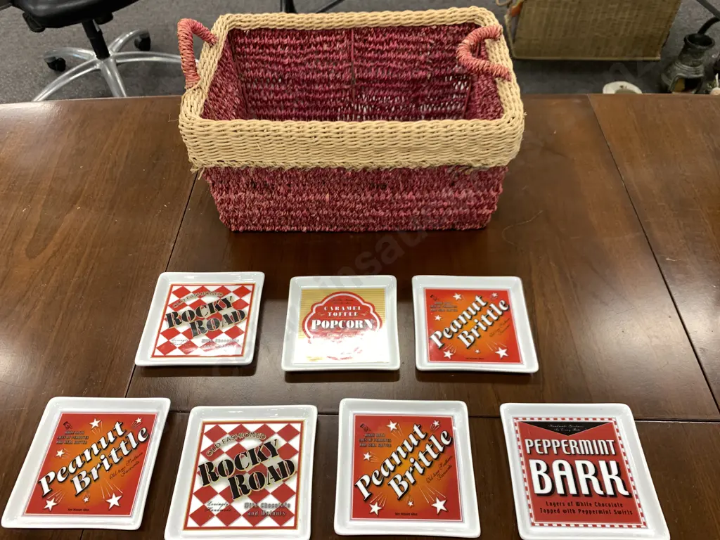 Assorted Platters, Cordon Bleu BIA With Rectangular Handled Woven Cane Basket With Pink Base Image 1++