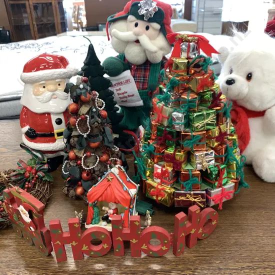 Assorted Xmas Decorations Including Trees, Soft Toy, Santa Figurines Etc