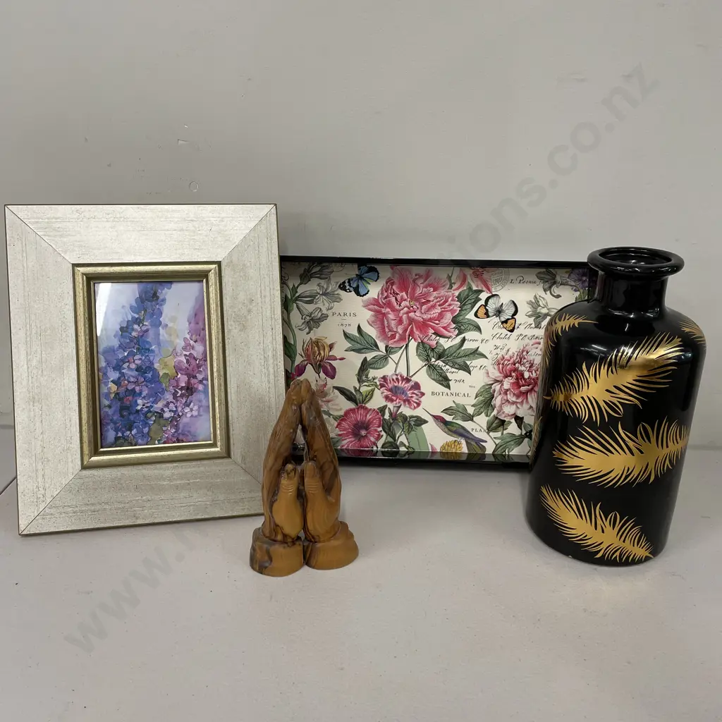 Assorted: Sallie Clough Artwork, Floral Black 2 handled Tray, Black Ceramic & GIlded Leaf Vase, Wooden Praying Hands Image 1++