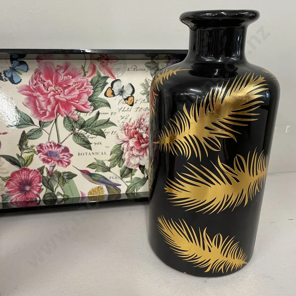 Assorted: Sallie Clough Artwork, Floral Black 2 handled Tray, Black Ceramic & GIlded Leaf Vase, Wooden Praying Hands Image 1++