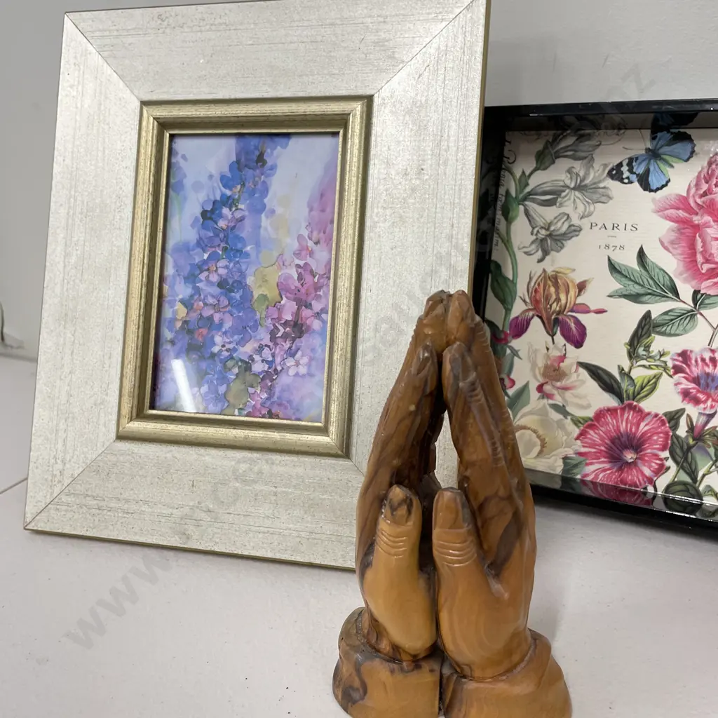 Assorted: Sallie Clough Artwork, Floral Black 2 handled Tray, Black Ceramic & GIlded Leaf Vase, Wooden Praying Hands Image 1++
