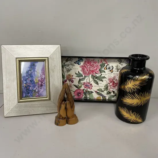 Assorted: Sallie Clough Artwork, Floral Black 2 handled Tray, Black Ceramic & GIlded Leaf Vase, Wooden Praying Hands