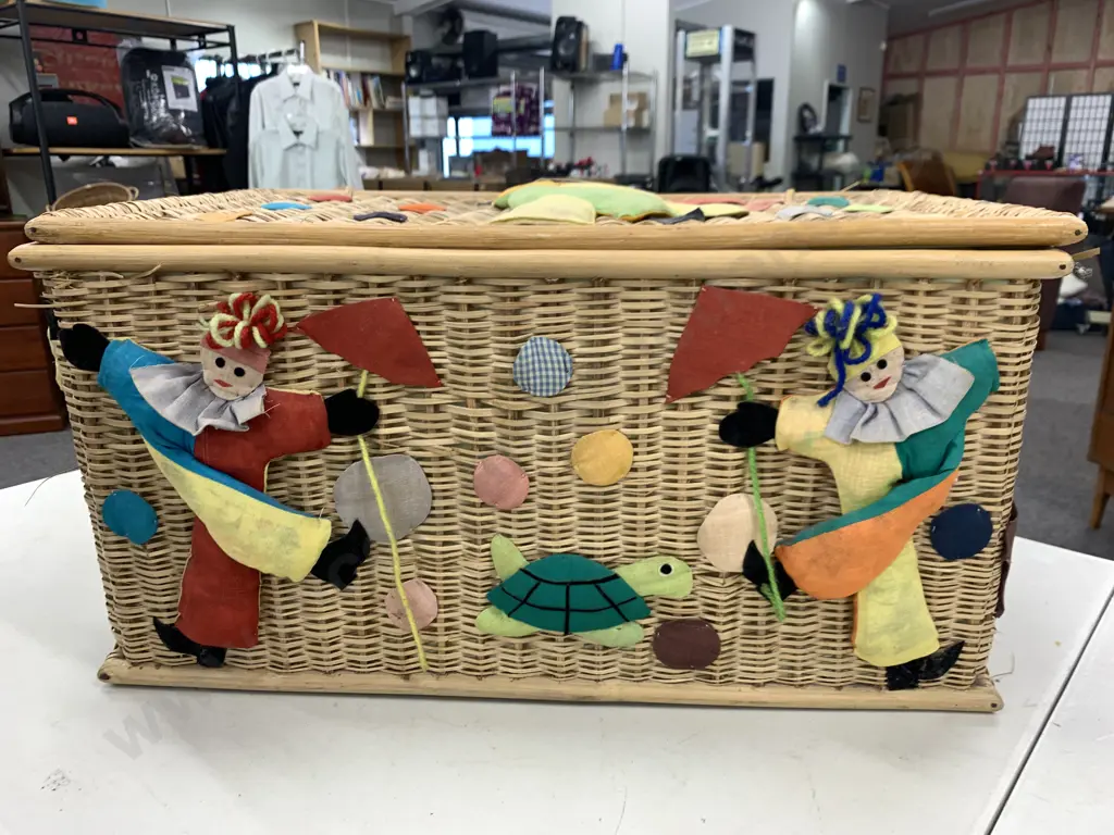 Decorative Cane Storage Basket With Handles, Clowns & Balls Detail, H30 W48 D36cm Image 1++