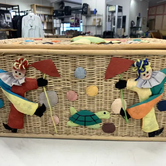 Decorative Cane Storage Basket With Handles, Clowns & Balls Detail, H30 W48 D36cm