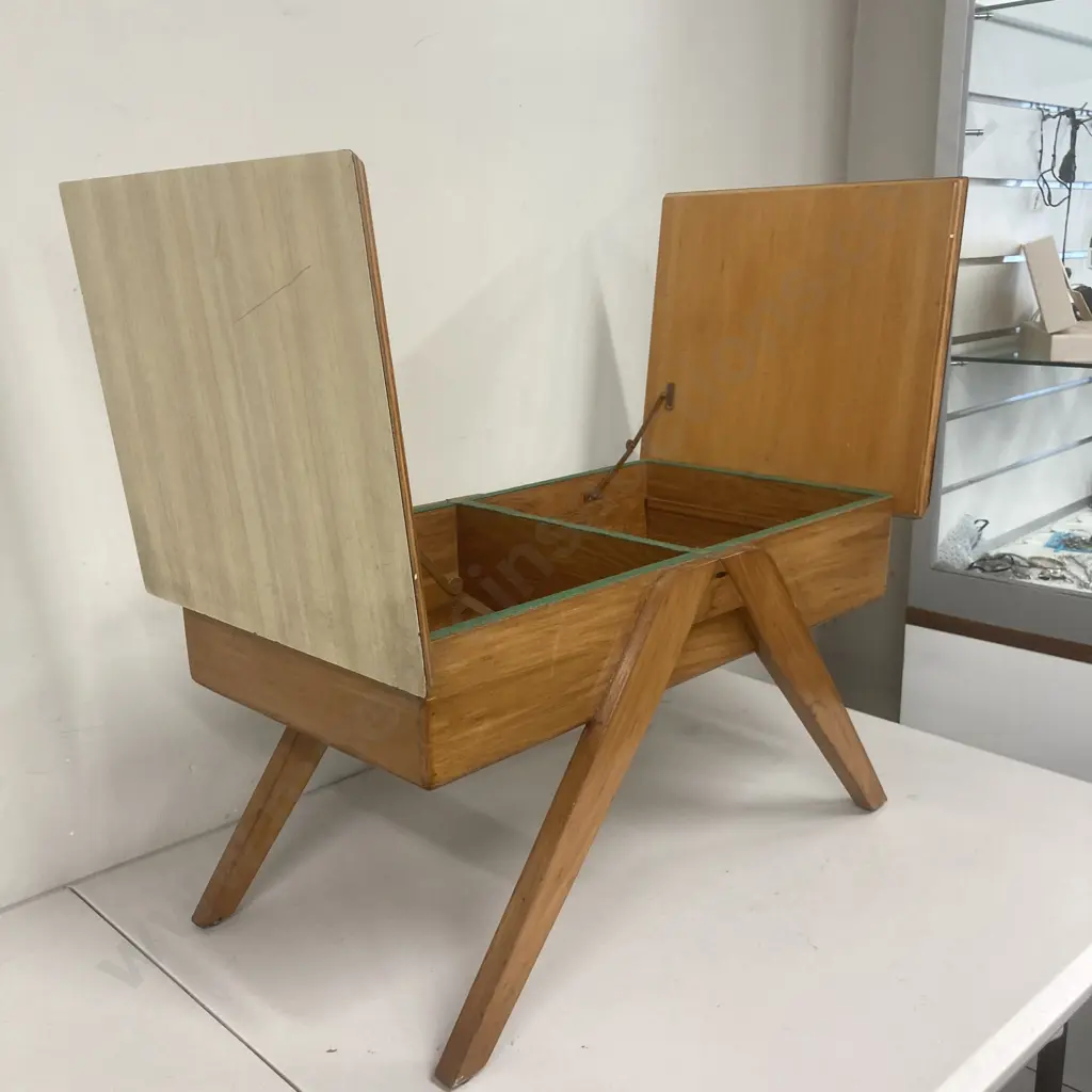 Retro Rimu Wooden Formica Top Occasional Table, Lift Up Top, H35 W66 D37cm Image 1++