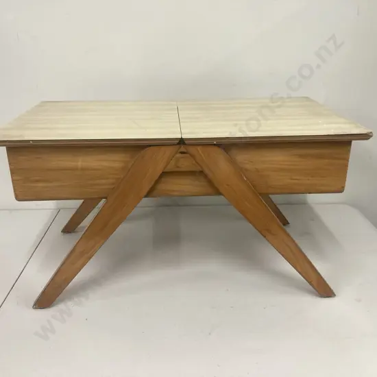 Retro Rimu Wooden Formica Top Occasional Table, Lift Up Top, H35 W66 D37cm