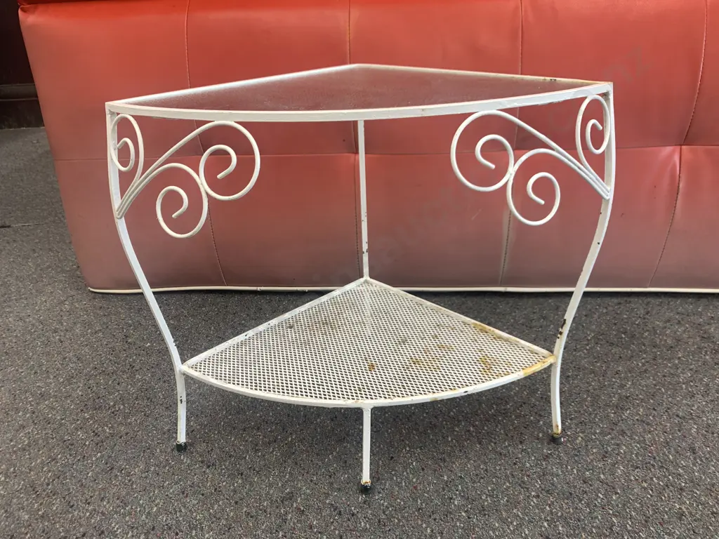 Retro Corner 2 Tier White Shelf Unit, Wrought / Glass, 48 x 54cm Image 1++