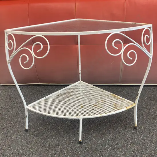 Retro Corner 2 Tier White Shelf Unit, Wrought / Glass, 48 x 54cm