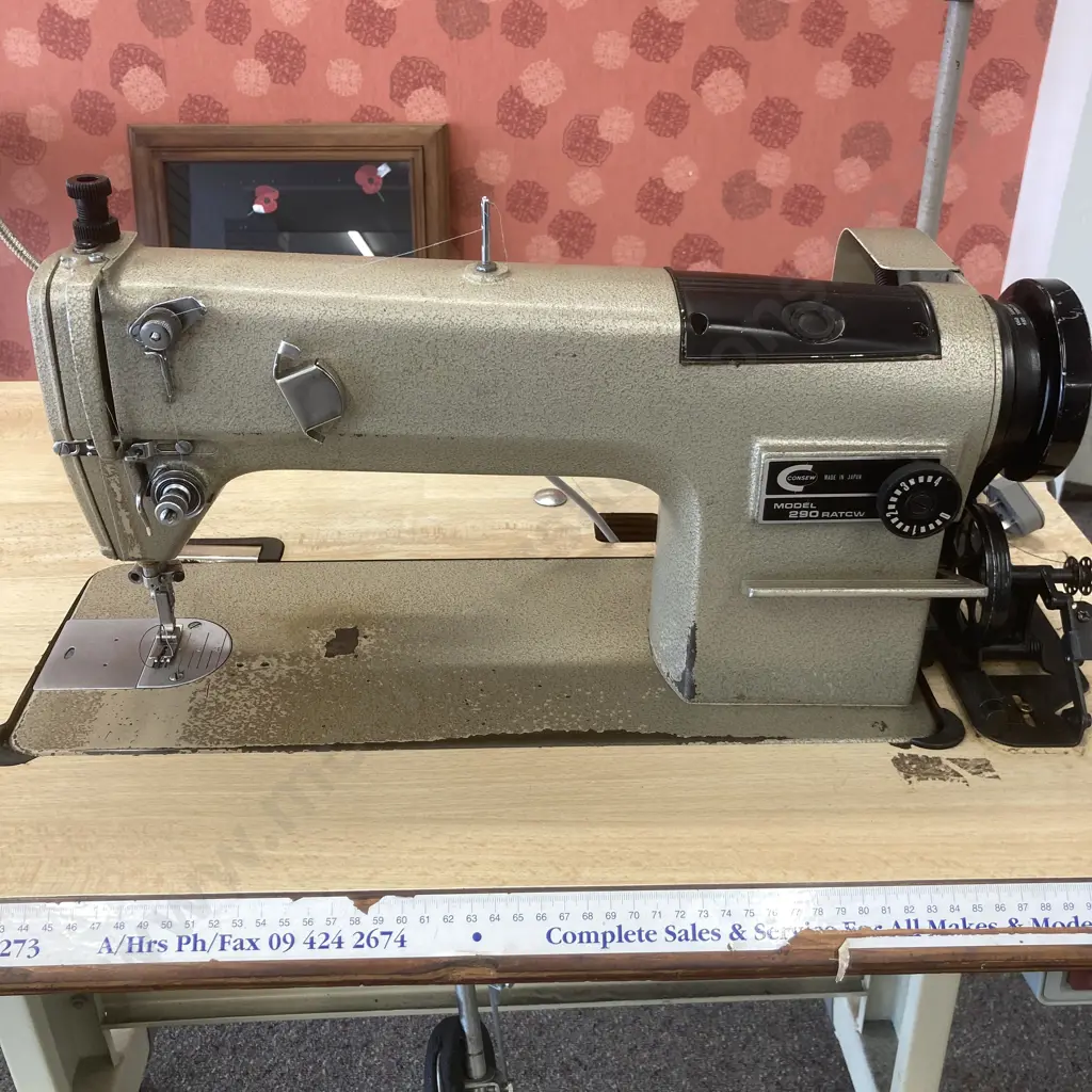 Consew (Japan) 290 RATCW Single Needle Sewing Machine, With Table, Spares, LED Lamp, Thread Stand, on Locking Wheels Image 1++