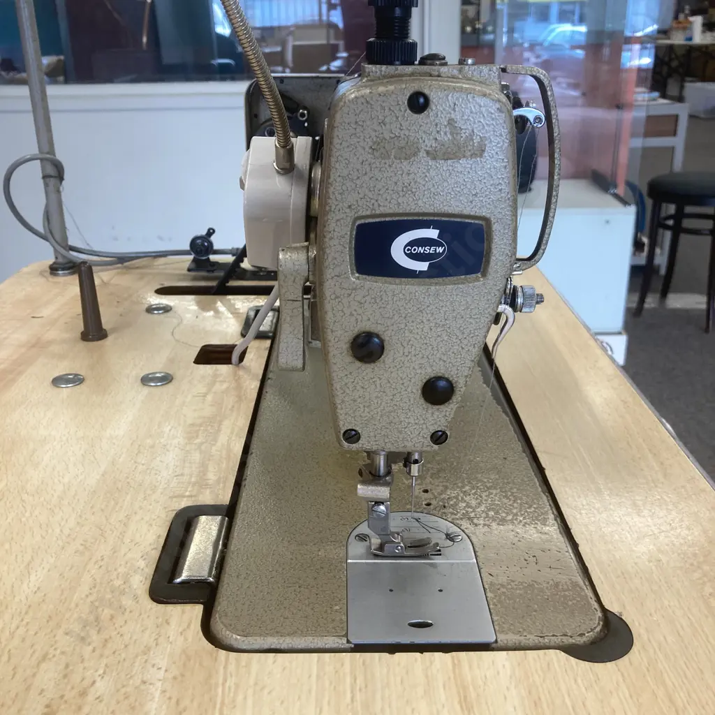 Consew (Japan) 290 RATCW Single Needle Sewing Machine, With Table, Spares, LED Lamp, Thread Stand, on Locking Wheels Image 1++