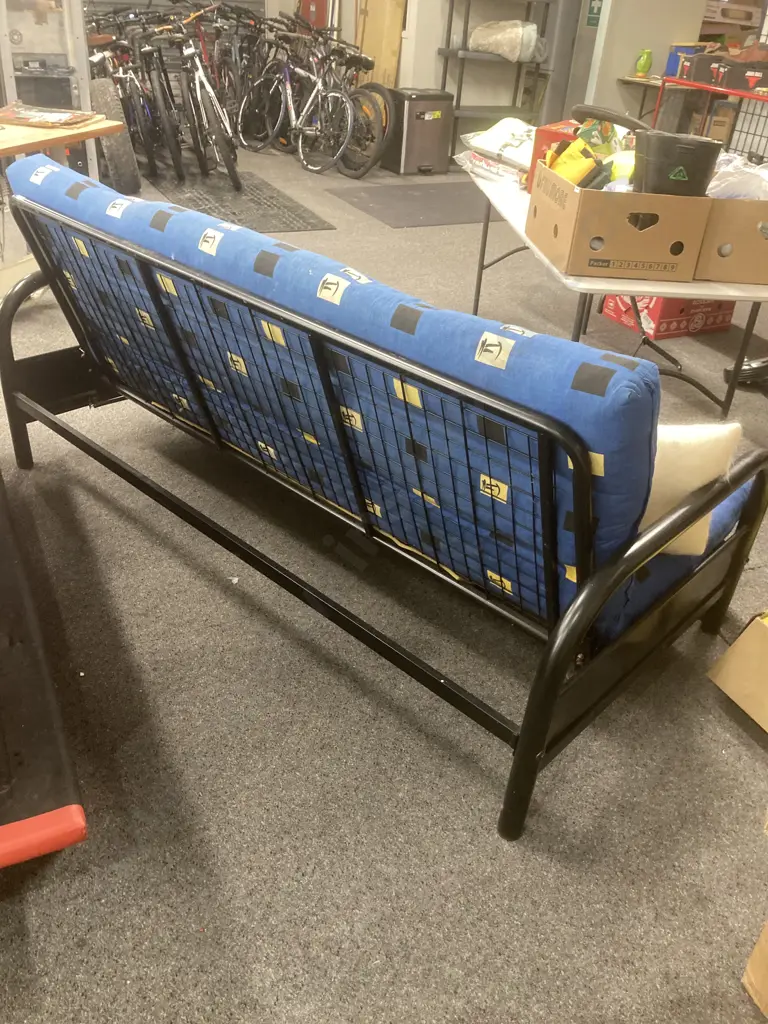 Sofa Bed, Black Pipe Frame, Blue & Yellow Fabric Image 1++