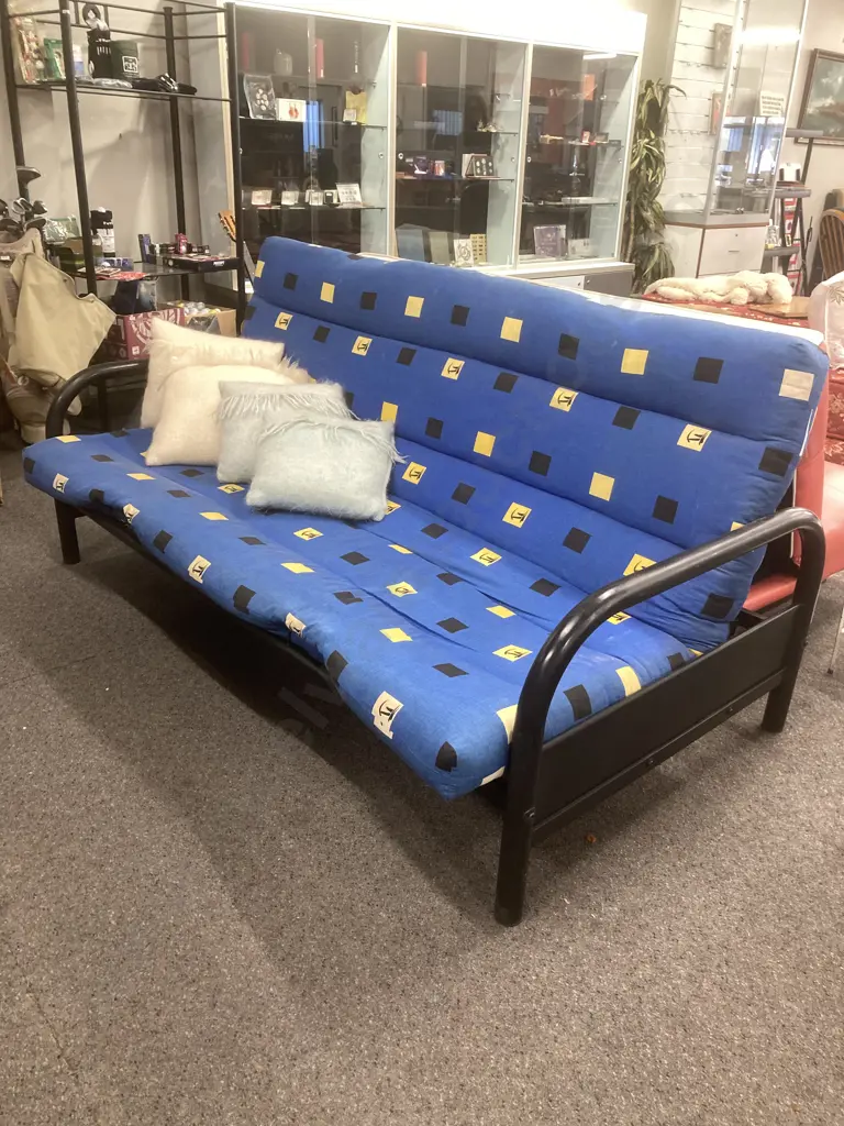 Sofa Bed, Black Pipe Frame, Blue & Yellow Fabric Image 1++