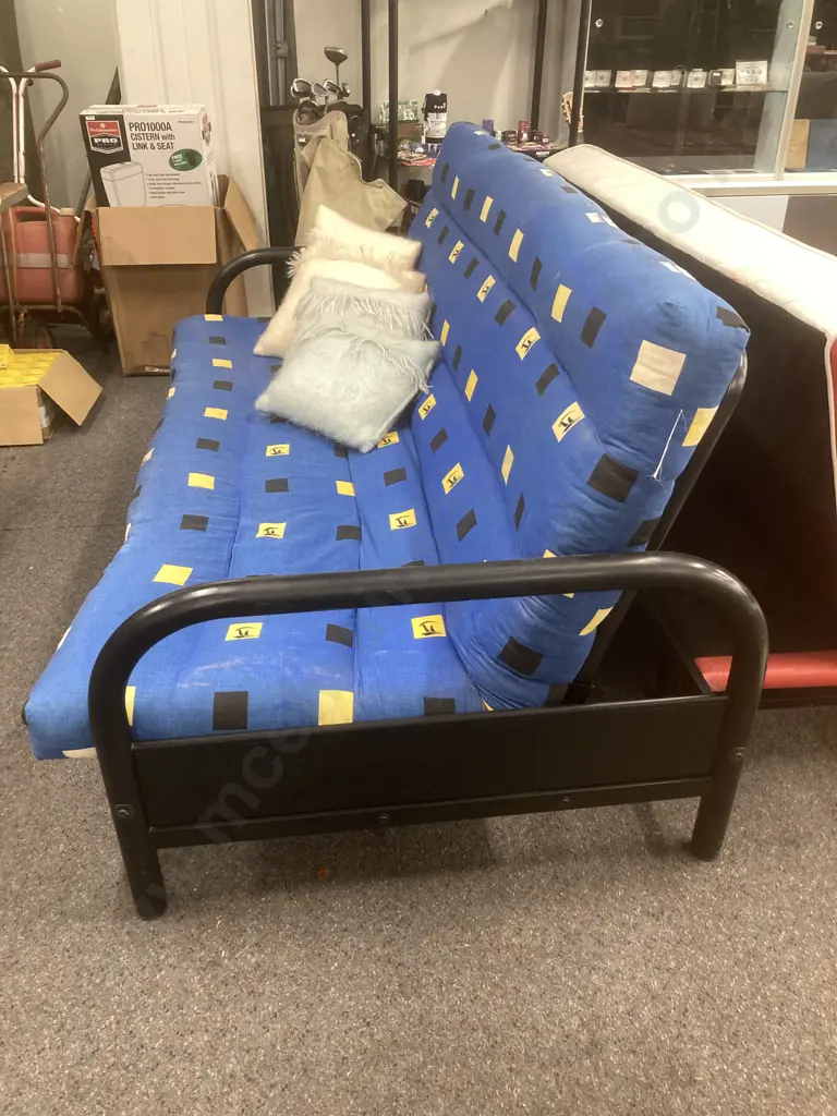 Sofa Bed, Black Pipe Frame, Blue & Yellow Fabric Image 1++