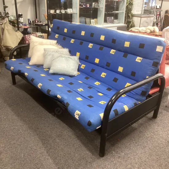 Sofa Bed, Black Pipe Frame, Blue & Yellow Fabric