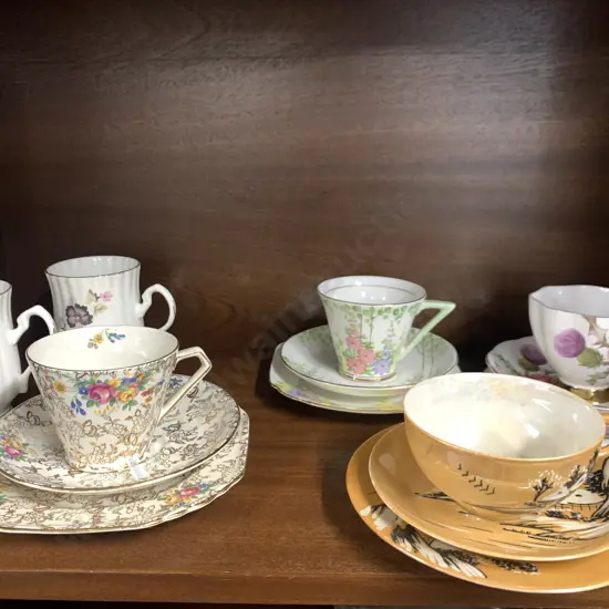 Assortment of Trios Including Queen Anne, Lord Nelson Etc, Dadoos Coffee Mugs, Framed Lace Coasters