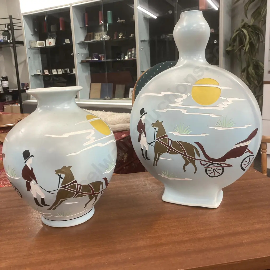 Pair of Handpainted Pottery Vases, Horse & Carriage Theme, H34 & 23cm Image 1++
