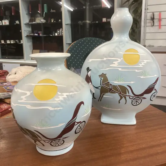 Pair of Handpainted Pottery Vases, Horse & Carriage Theme, H34 & 23cm