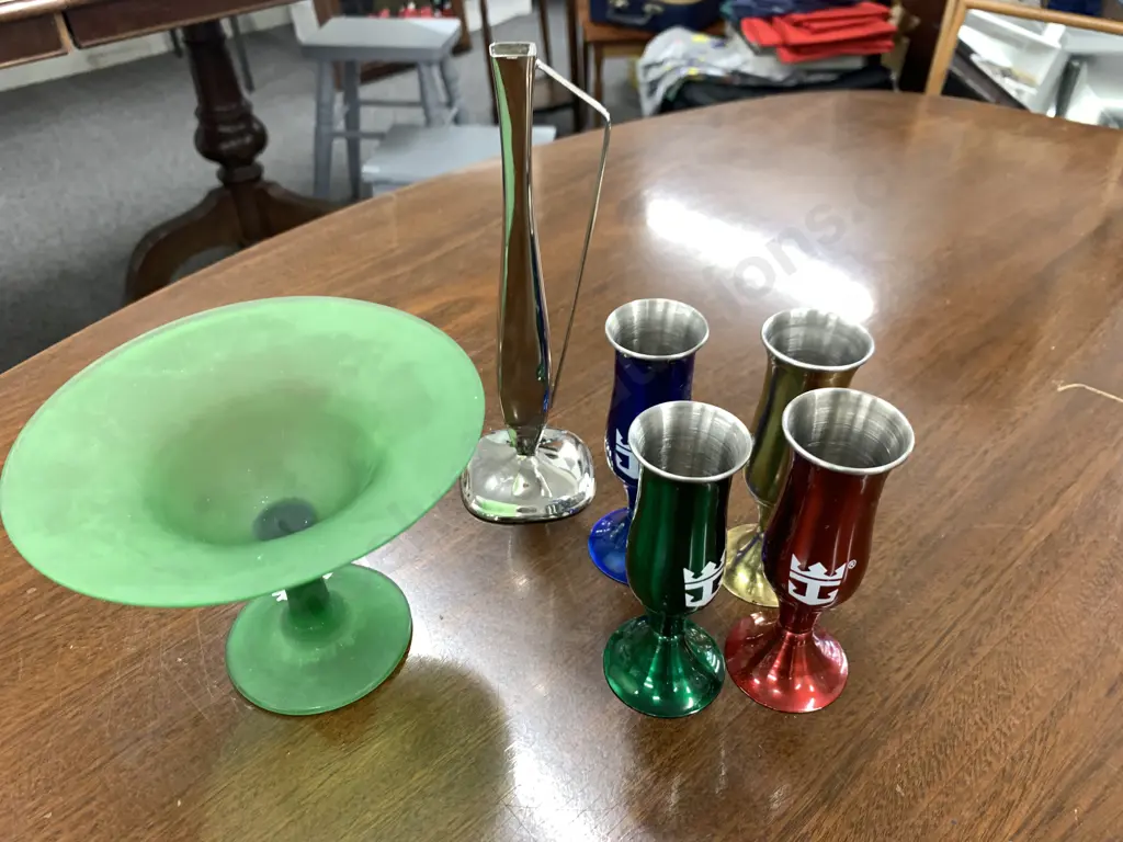 Pedestal Green Glass Dish, Silver Plated Handled Footed Jug & 4 Goblets Image 1++