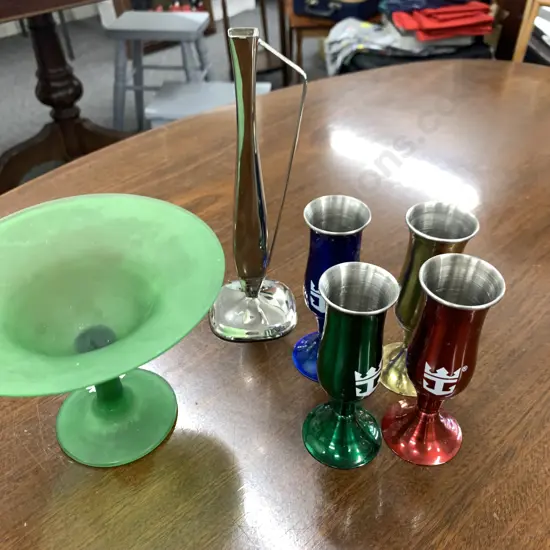 Pedestal Green Glass Dish, Silver Plated Handled Footed Jug & 4 Goblets