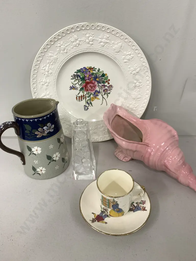 Wedgwood Plate, Burleighware Shell Planter, Crown Lynn Mug & Saucer, Glass Bottle & Jug (Some AF) Image 1++