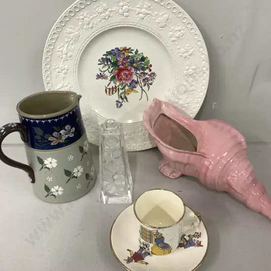 Wedgwood Plate, Burleighware Shell Planter, Crown Lynn Mug & Saucer, Glass Bottle & Jug (Some AF)