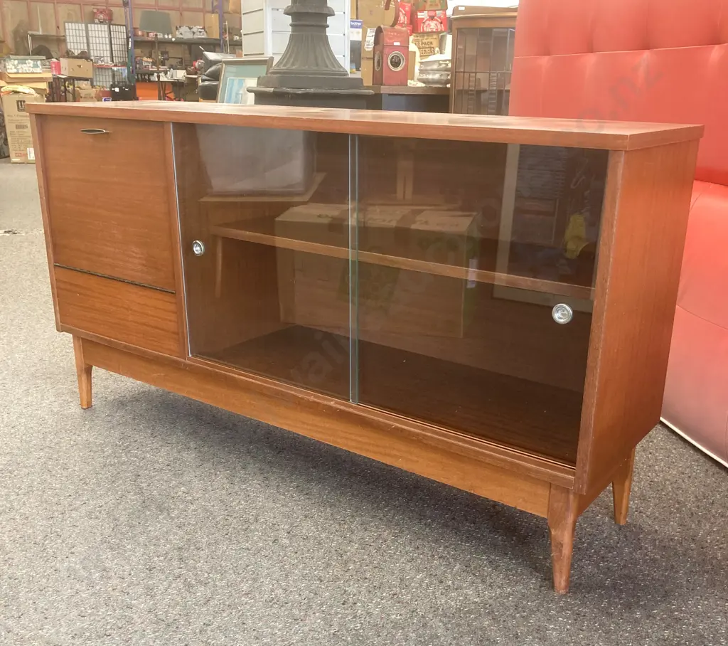 Mid Century China Display Cocktail Cabinet, 2 Glass Sliding Doors, Wooden Fold Down Door, H72 W134 D35cm Image 1++