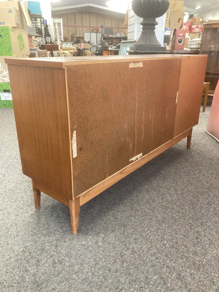 Mid Century China Display Cocktail Cabinet, 2 Glass Sliding Doors, Wooden Fold Down Door, H72 W134 D35cm Image 1++