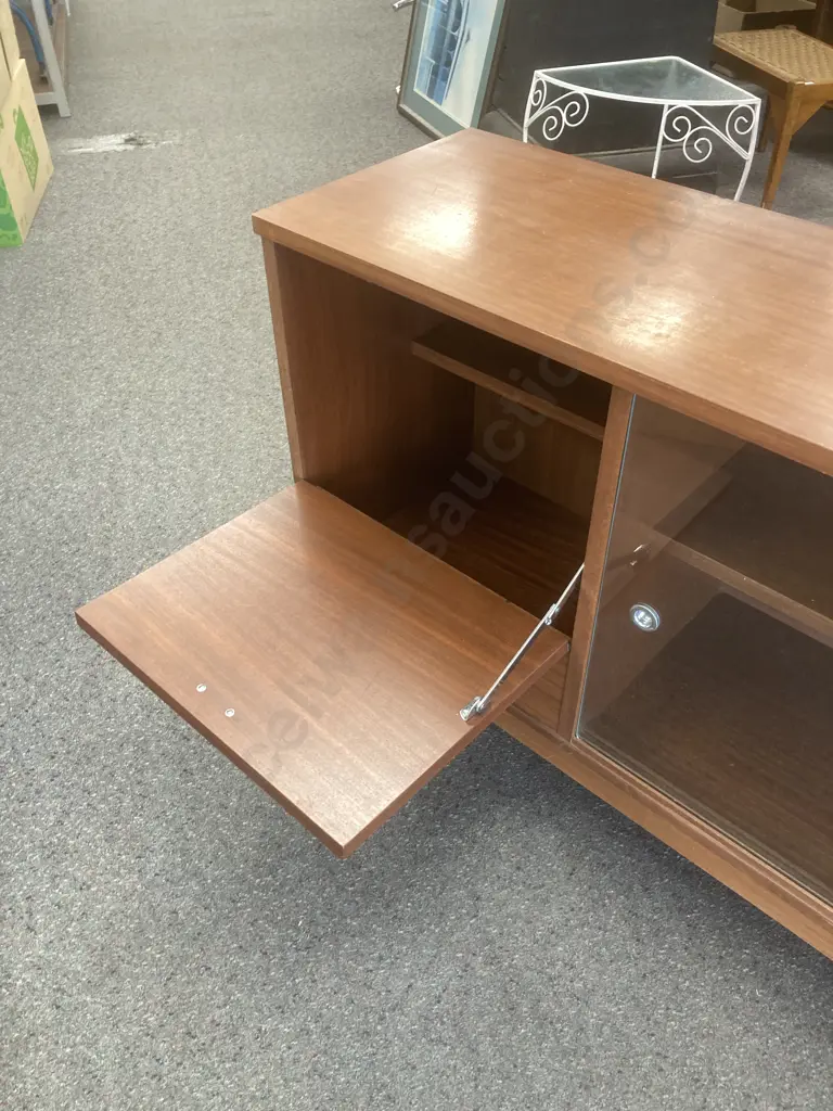Mid Century China Display Cocktail Cabinet, 2 Glass Sliding Doors, Wooden Fold Down Door, H72 W134 D35cm Image 1++