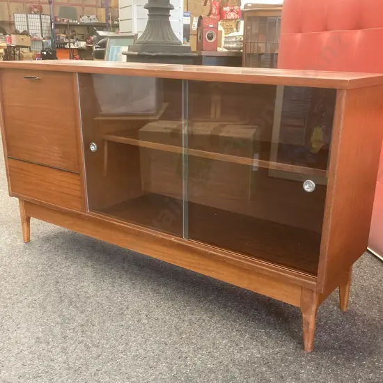 Mid Century China Display Cocktail Cabinet, 2 Glass Sliding Doors, Wooden Fold Down Door, H72 W134 D35cm