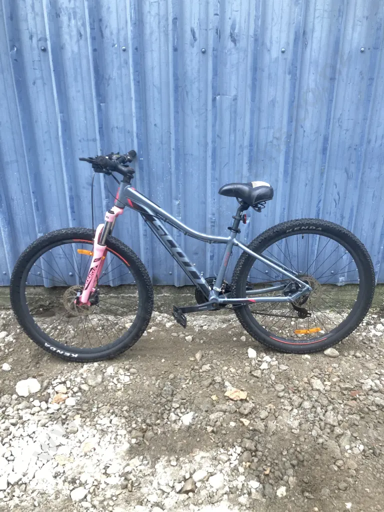 Grey Scott Bicycle With Green Handle Bar & Pink Forks Image 1++
