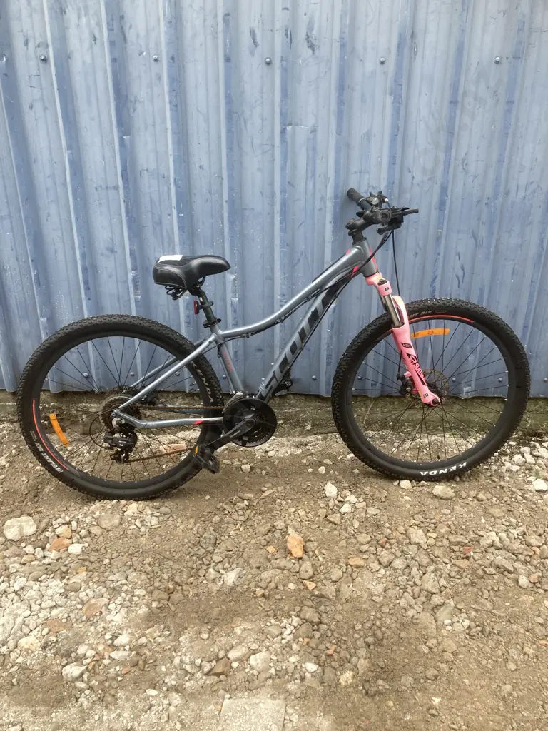 Grey Scott Bicycle With Green Handle Bar & Pink Forks Image 1++