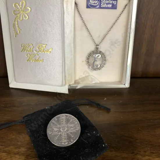 1918 Silver Florin Brooch With Sterling Silver Necklace And Pendant With The Letter E 