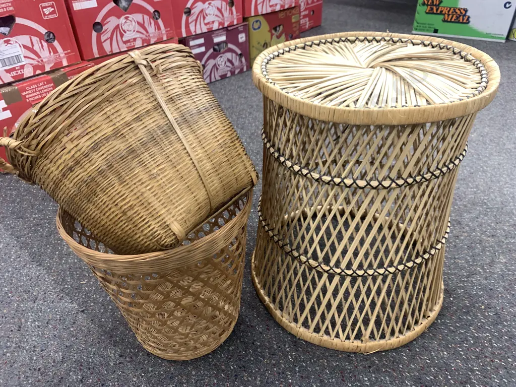 Cane Items Including Occasional Table & 2 x Baskets Image 1++
