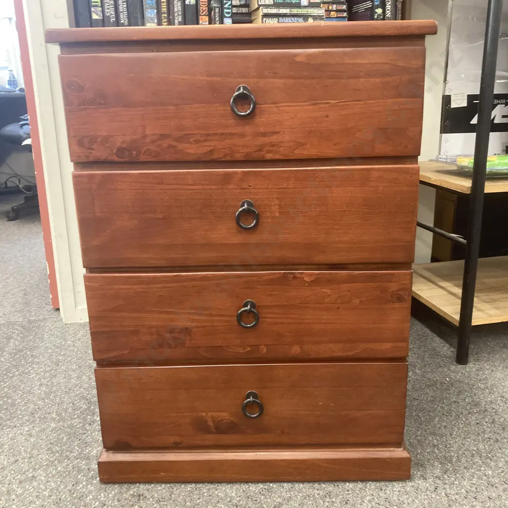 Stained Pine 4 Drawer Tallboy, Black Wrought Ring Handles, H83 W60 D40cm Image 1++