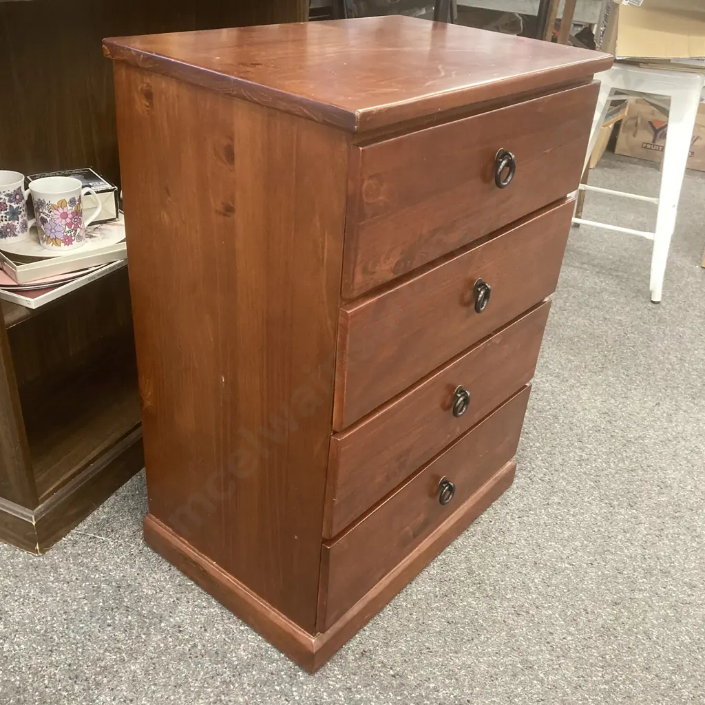 Stained Pine 4 Drawer Tallboy, Black Wrought Ring Handles, H83 W60 D40cm Image 1++