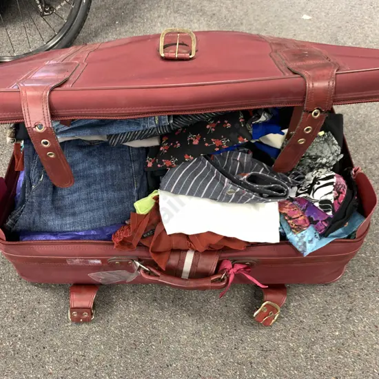 Large Burgundy Suitcase With Assorted Ladies Clothing, Sz 10-14