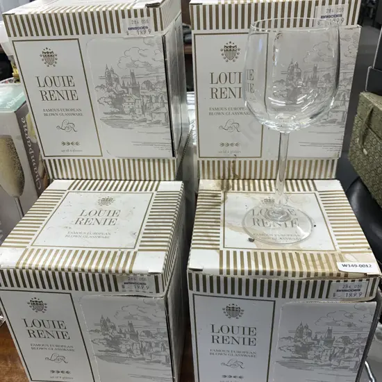 Lot of 24 Wine Glasses (6 Boxes of 4) Louie Rennie Famous European Blown Glassware