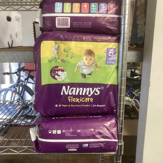 Lot of 8 Packs of 24 Nannys Flexicare Diapers, Sz5 Junior 12-25Kgs