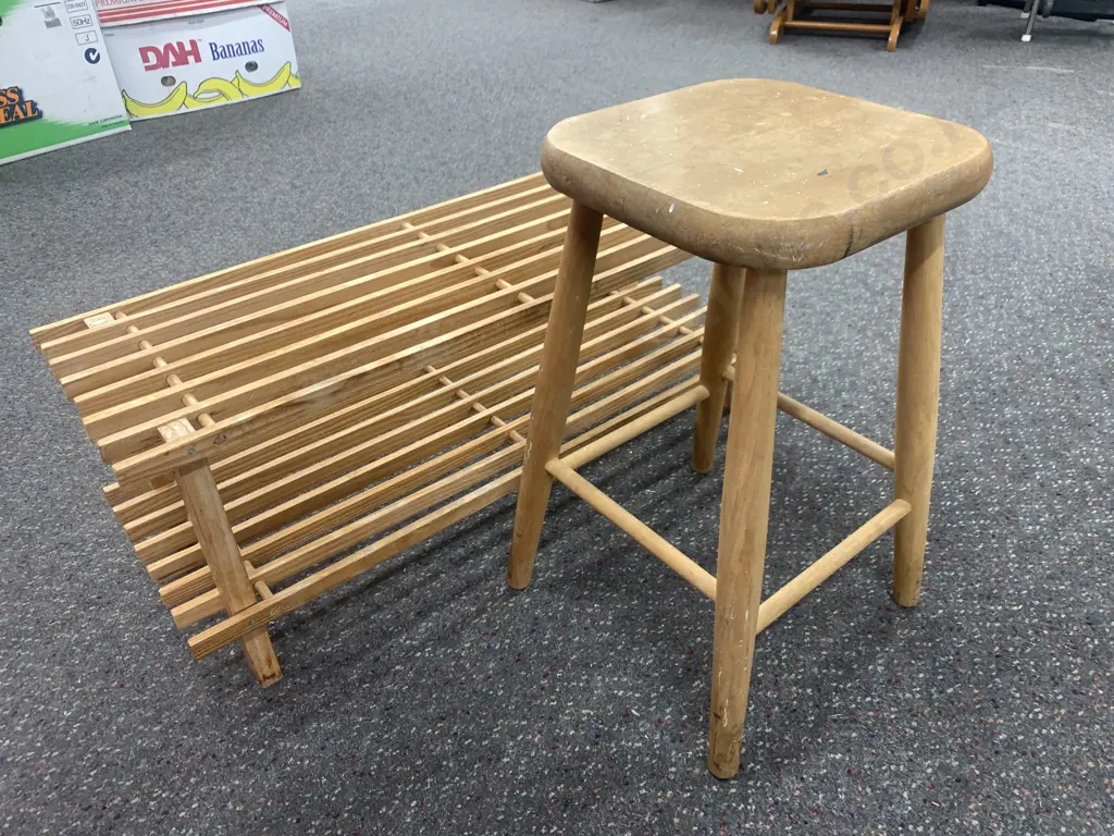Vintage Wooden Stool & Shoe Rack Image 1++