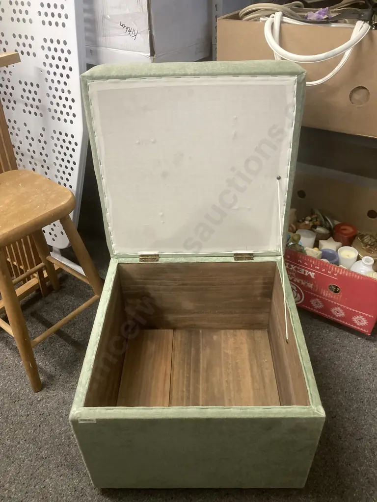 Vintage Green Draylon Ottoman With Hinged Lid, H42 W48 D48cm Image 1++