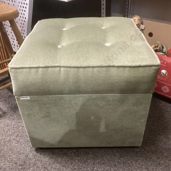 Vintage Green Draylon Ottoman With Hinged Lid, H42 W48 D48cm