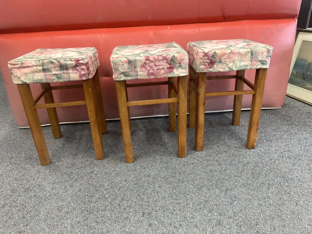 Rimu Stools x 3, Floral Padded Seats, H50 W30 D30cm Image 1++