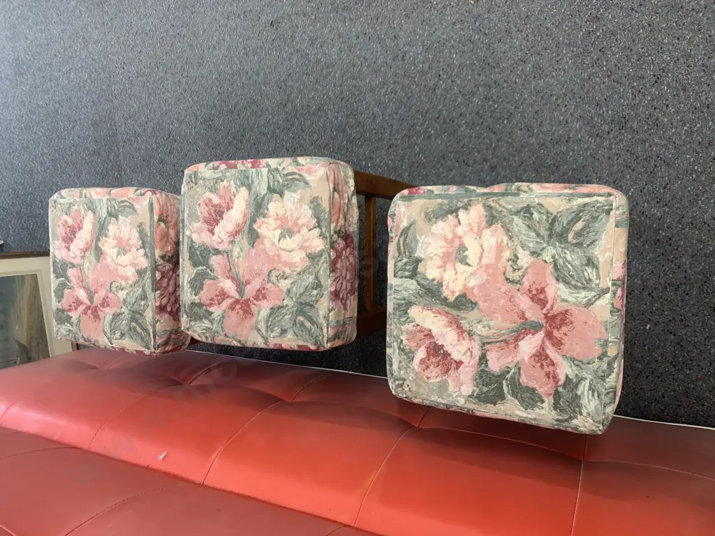Rimu Stools x 3, Floral Padded Seats, H50 W30 D30cm Image 1++