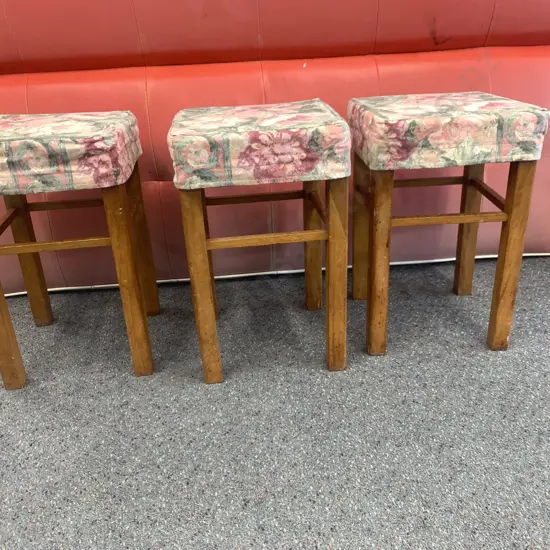 Rimu Stools x 3, Floral Padded Seats, H50 W30 D30cm