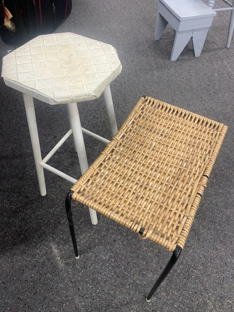 Vintage Stools x 2, White & Retro Cane, H60 & 48cm Image 1++
