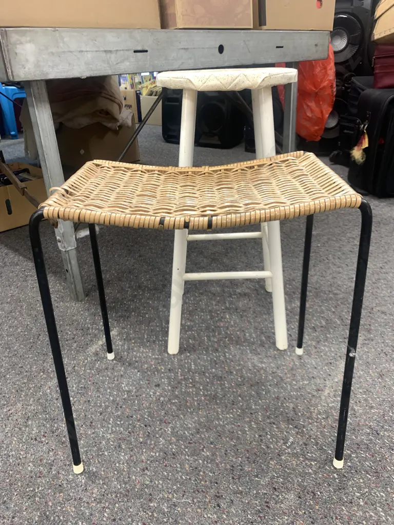 Vintage Stools x 2, White & Retro Cane, H60 & 48cm Image 1++