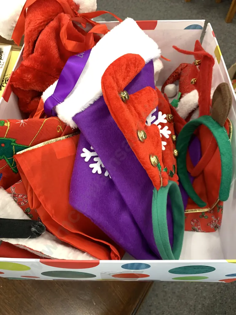 Spotted Box of Christmas Items Including Stockings, Hats, Headbands Etc Image 1++